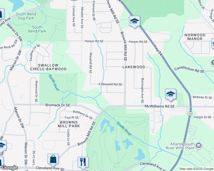map of restaurants, bars, coffee shops, grocery stores, and more near 389 East Rhinehill Road Southeast in Atlanta