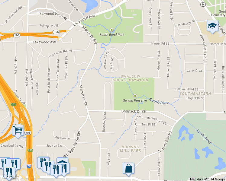 map of restaurants, bars, coffee shops, grocery stores, and more near 2326 Baywood Drive Southeast in Atlanta