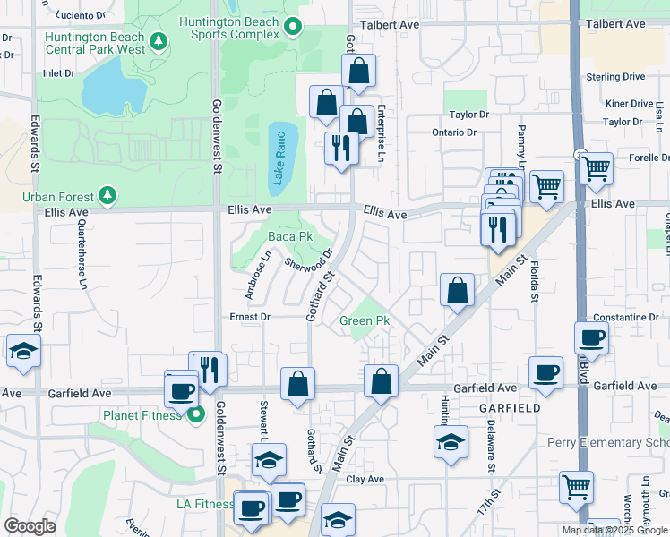 map of restaurants, bars, coffee shops, grocery stores, and more near Promenade Pkwy & Gothard St in Huntington Beach
