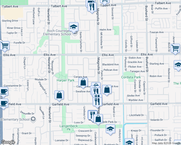 map of restaurants, bars, coffee shops, grocery stores, and more near 18673 Santa Ramona Street in Fountain Valley