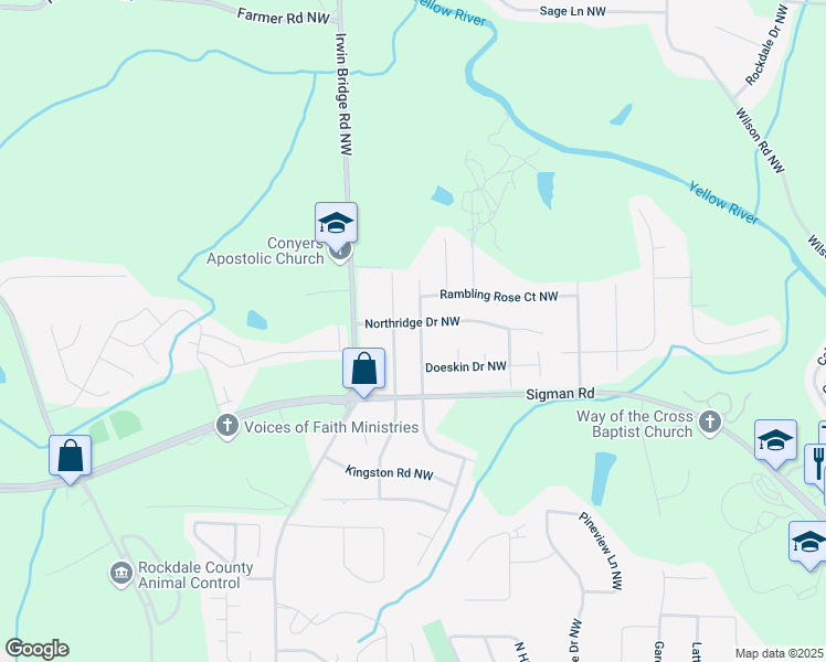 map of restaurants, bars, coffee shops, grocery stores, and more near 1759 Rocky Ridge Drive Northwest in Conyers
