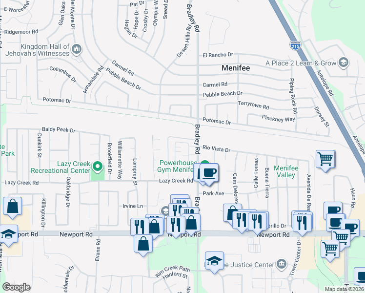map of restaurants, bars, coffee shops, grocery stores, and more near 29545 Monarch Road in Menifee