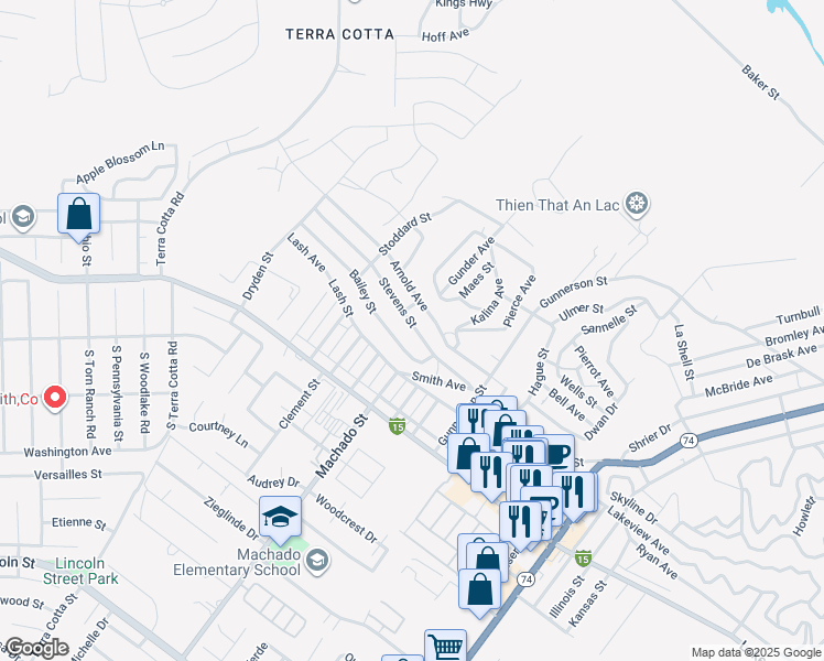 map of restaurants, bars, coffee shops, grocery stores, and more near 23101 2nd Street in Lake Elsinore