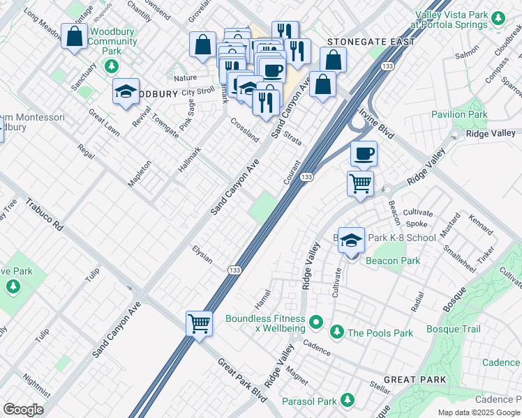 map of restaurants, bars, coffee shops, grocery stores, and more near 30 Crosspointe in Irvine