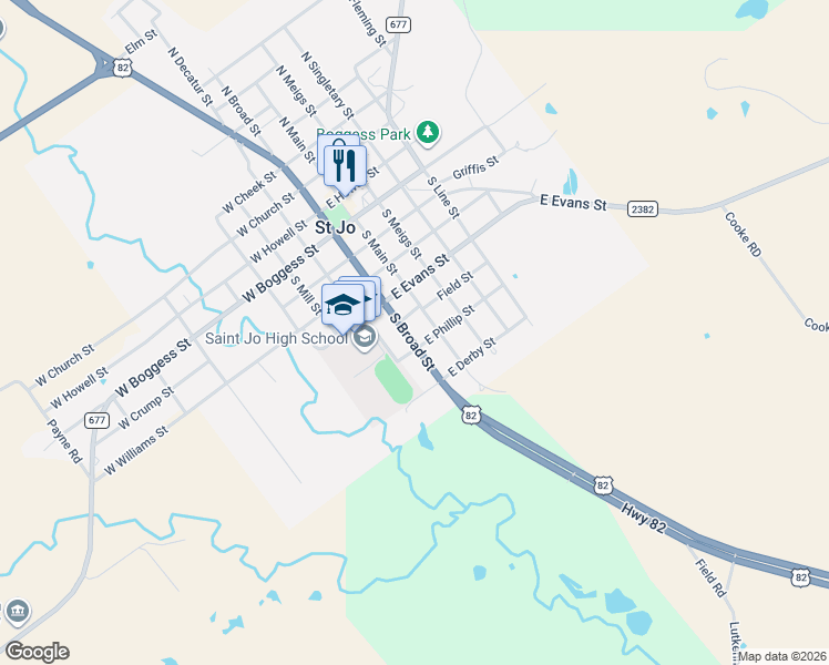 map of restaurants, bars, coffee shops, grocery stores, and more near 607 South Broad Street in Saint Jo