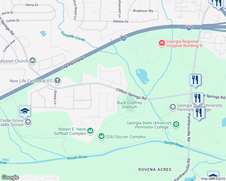 map of restaurants, bars, coffee shops, grocery stores, and more near 3199 Clifton Farm Drive in Decatur
