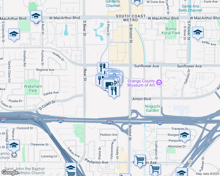 map of restaurants, bars, coffee shops, grocery stores, and more near 3333 South Coast PLZ in Costa Mesa
