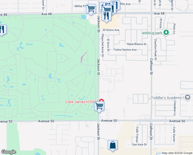map of restaurants, bars, coffee shops, grocery stores, and more near 49226 Barrymore Street in Indio