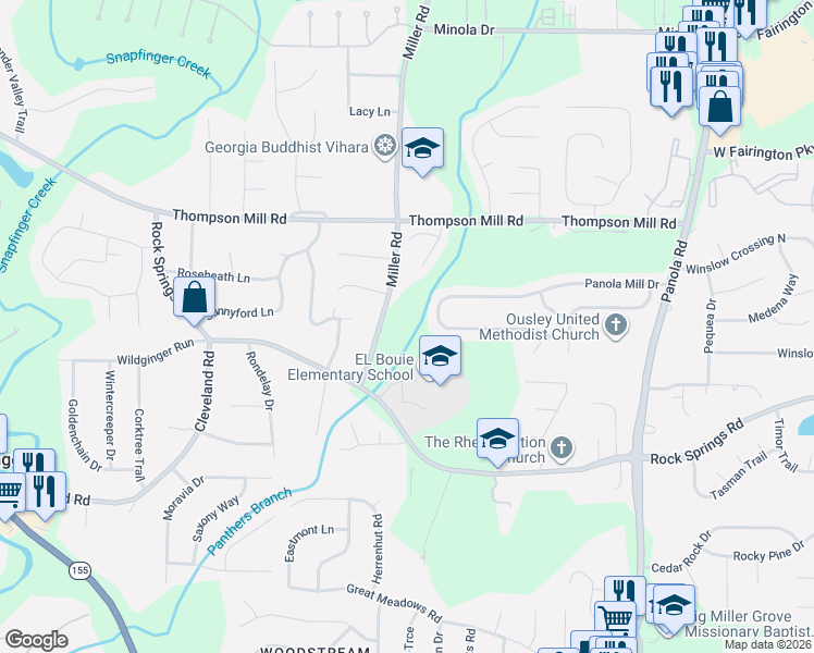 map of restaurants, bars, coffee shops, grocery stores, and more near 3332 Miller Road in Stonecrest
