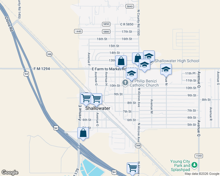 map of restaurants, bars, coffee shops, grocery stores, and more near 806 10th Street in Shallowater