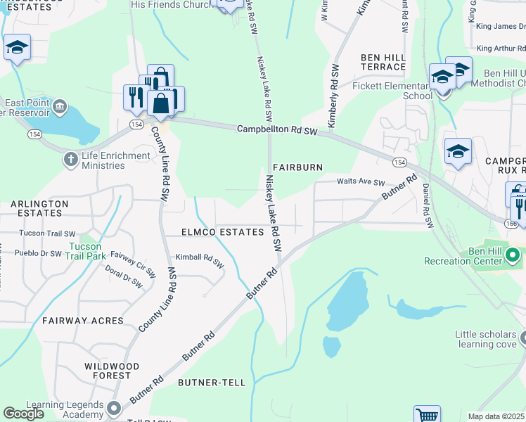 map of restaurants, bars, coffee shops, grocery stores, and more near 2315 Niskey Lake Road Southwest in Atlanta