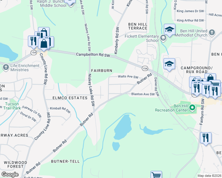 map of restaurants, bars, coffee shops, grocery stores, and more near 2320 Palmetto Avenue Southwest in Atlanta