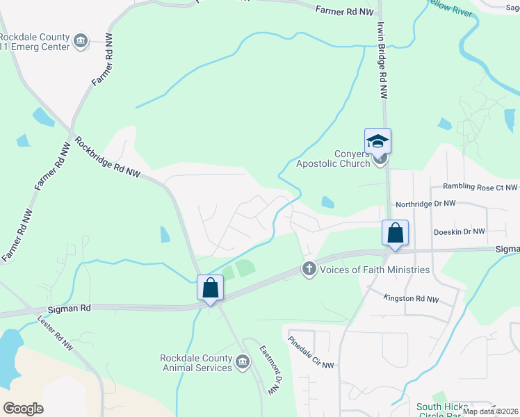 map of restaurants, bars, coffee shops, grocery stores, and more near 1124 Stepping Stone Lane in Conyers