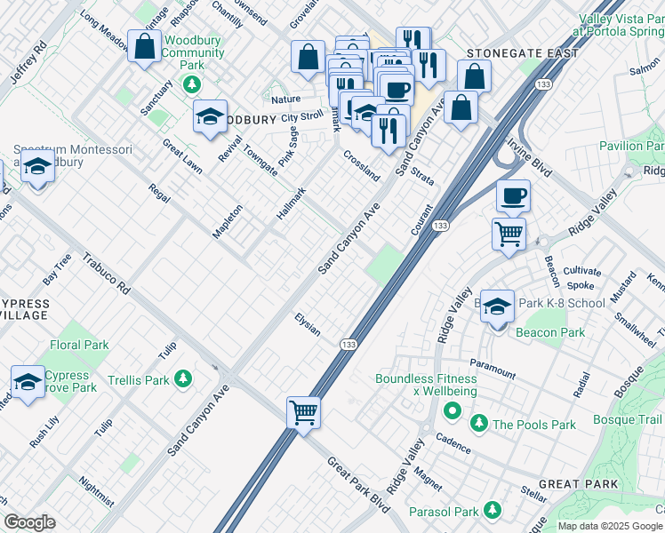 map of restaurants, bars, coffee shops, grocery stores, and more near 105 Splendor in Irvine
