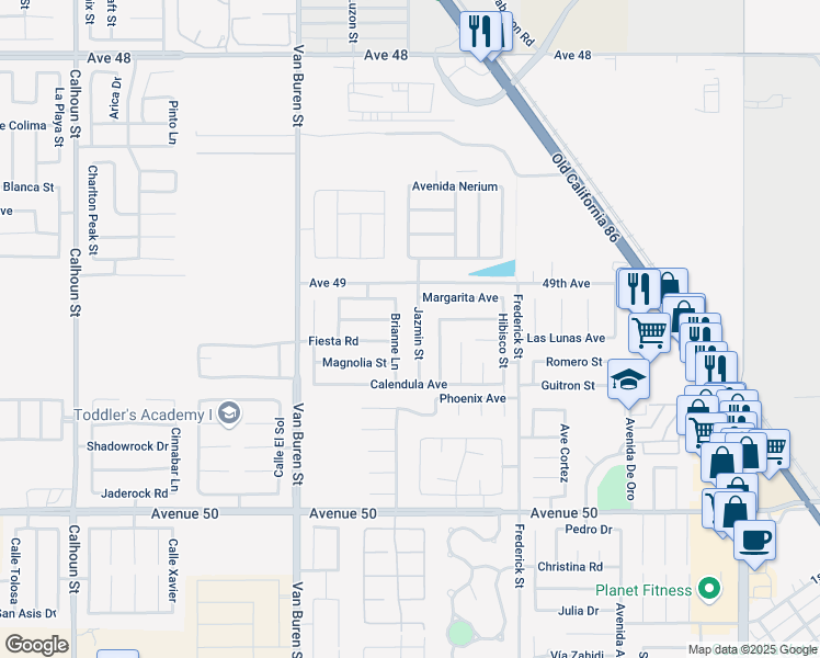 map of restaurants, bars, coffee shops, grocery stores, and more near 49195 Jazmin Street in Coachella
