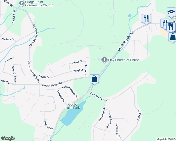 map of restaurants, bars, coffee shops, grocery stores, and more near 6447 Chrissy Dr in Pinson