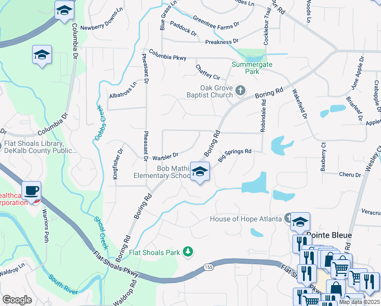 map of restaurants, bars, coffee shops, grocery stores, and more near 3587 Warbler Drive in Decatur
