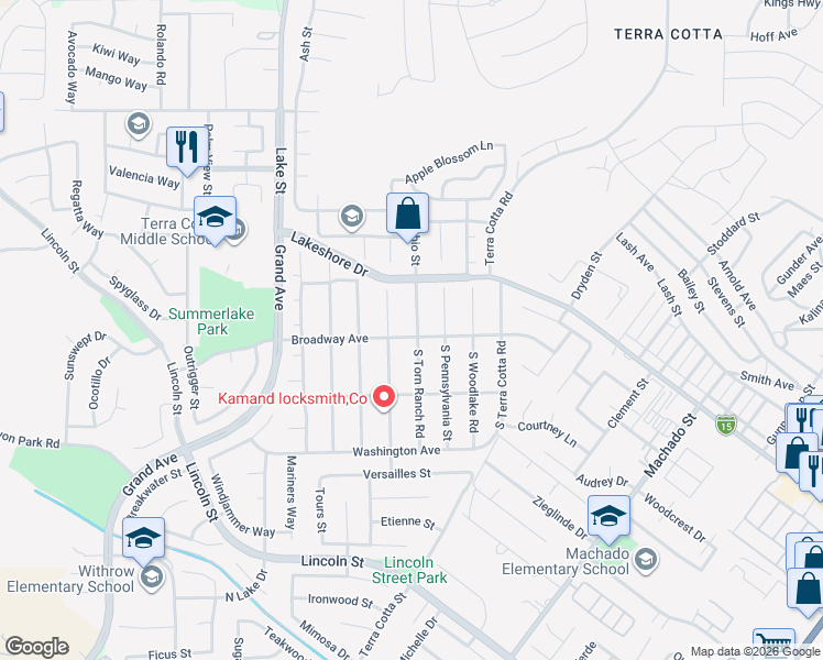 map of restaurants, bars, coffee shops, grocery stores, and more near 119 North Torn Ranch Road in Lake Elsinore