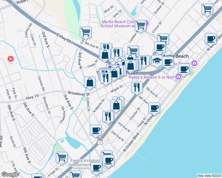 map of restaurants, bars, coffee shops, grocery stores, and more near 405 Maple Street in Myrtle Beach