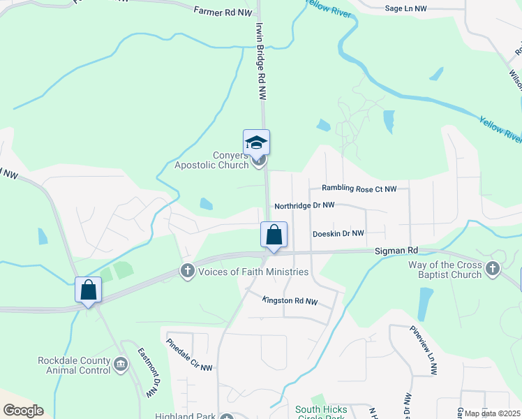 map of restaurants, bars, coffee shops, grocery stores, and more near 2072 Wildflower Way Northwest in Conyers