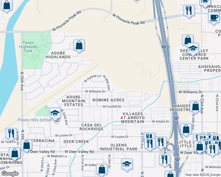 map of restaurants, bars, coffee shops, grocery stores, and more near 22607 North 30th Avenue in Phoenix
