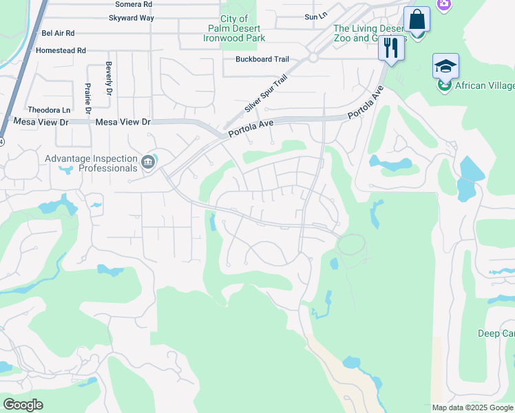 map of restaurants, bars, coffee shops, grocery stores, and more near 73417 Foxtail Lane in Palm Desert