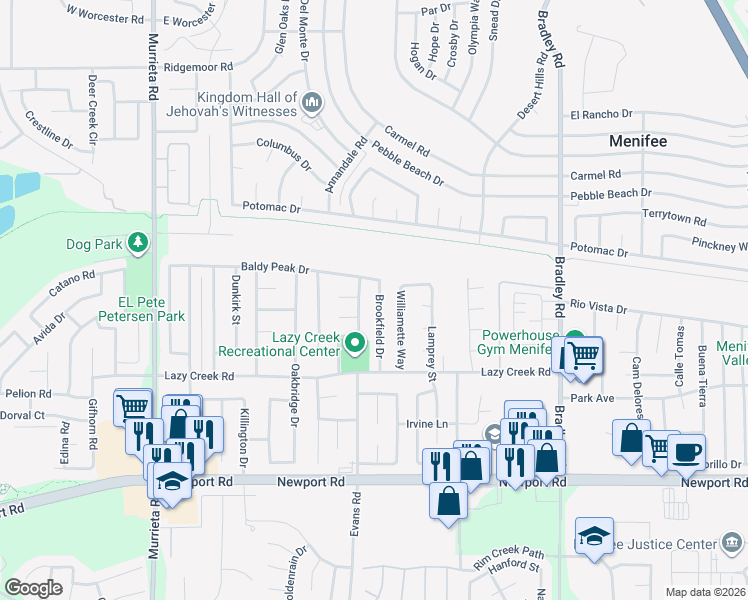 map of restaurants, bars, coffee shops, grocery stores, and more near 29549 Brookfield Drive in Menifee