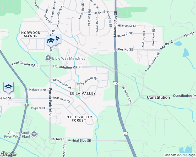 map of restaurants, bars, coffee shops, grocery stores, and more near 1086 Valley View Road Southeast in Atlanta