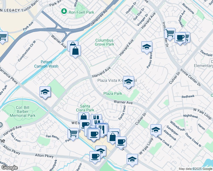 map of restaurants, bars, coffee shops, grocery stores, and more near 45 Calavera in Irvine