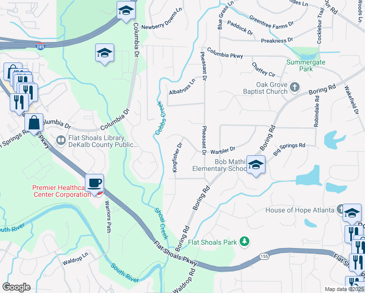 map of restaurants, bars, coffee shops, grocery stores, and more near 3178 Kingfisher Drive in Decatur