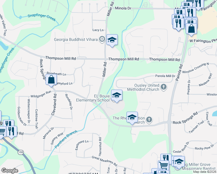 map of restaurants, bars, coffee shops, grocery stores, and more near 3332 Miller Road in Stonecrest