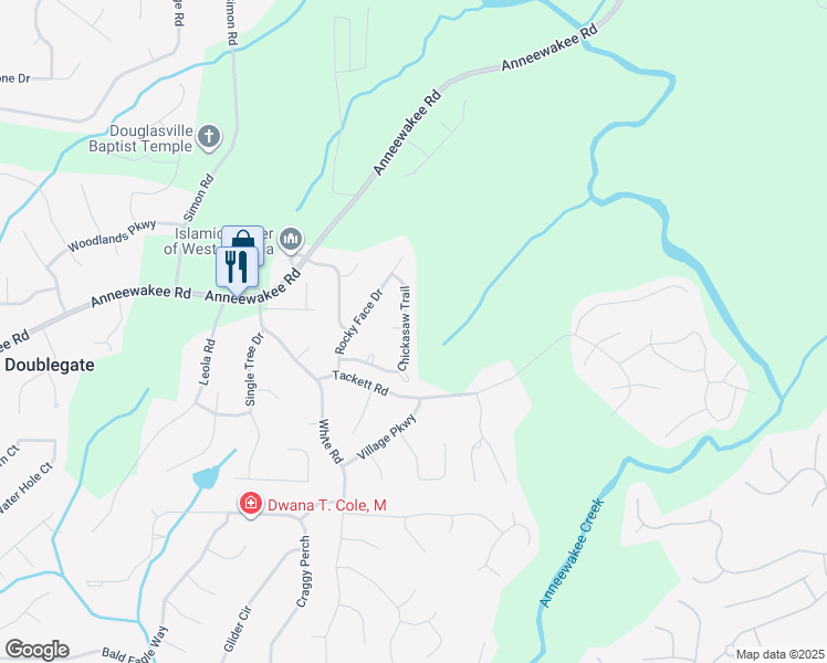 map of restaurants, bars, coffee shops, grocery stores, and more near 4183 Chickasaw Trail in Douglasville