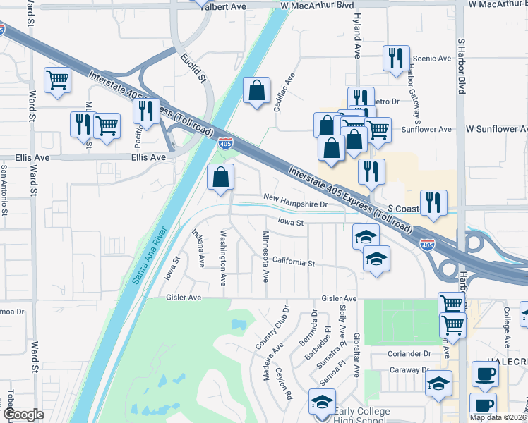 map of restaurants, bars, coffee shops, grocery stores, and more near 1772 Iowa Street in Costa Mesa