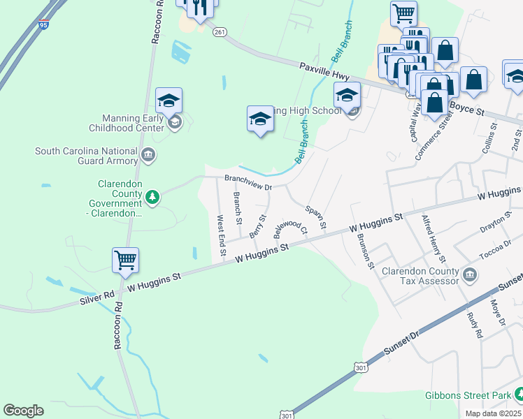 map of restaurants, bars, coffee shops, grocery stores, and more near 915 Berry Street in Manning