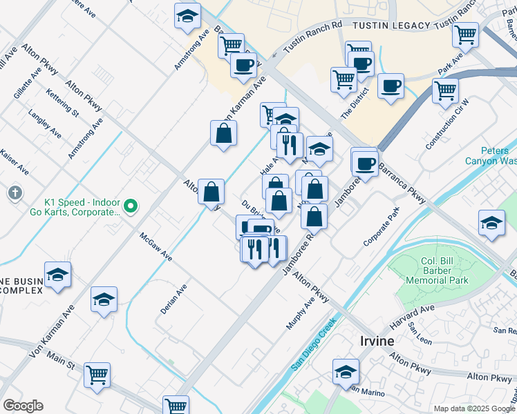 map of restaurants, bars, coffee shops, grocery stores, and more near 16901 Millikan Avenue in Irvine