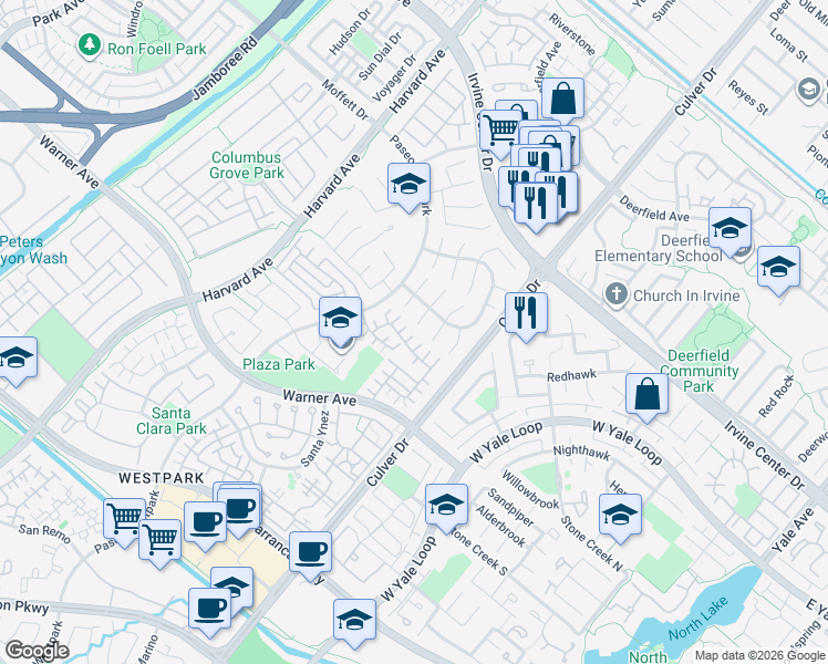 map of restaurants, bars, coffee shops, grocery stores, and more near 36 Del Ventura in Irvine