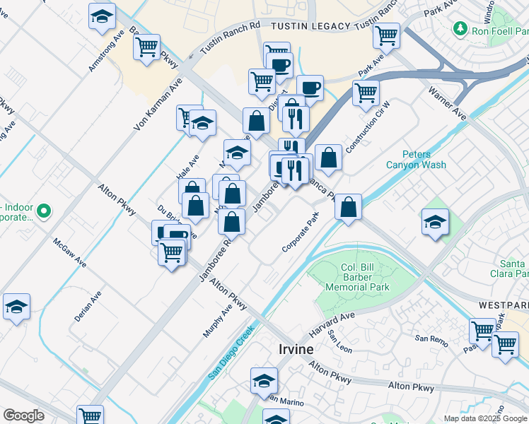 map of restaurants, bars, coffee shops, grocery stores, and more near 2 Corporate Park in Irvine
