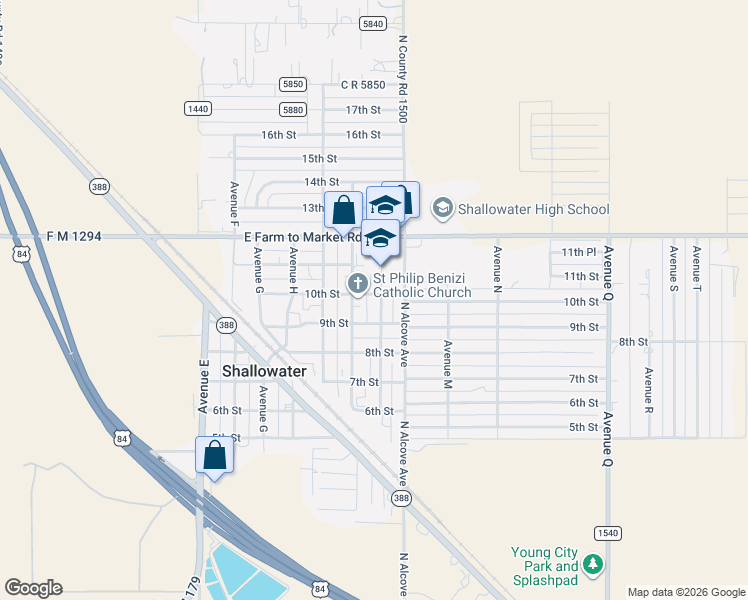 map of restaurants, bars, coffee shops, grocery stores, and more near 1010 10th Street in Shallowater
