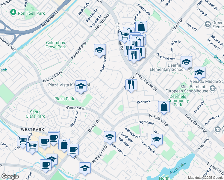 map of restaurants, bars, coffee shops, grocery stores, and more near 11 Avignon in Irvine