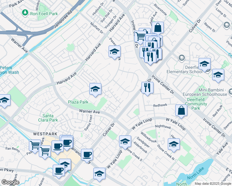 map of restaurants, bars, coffee shops, grocery stores, and more near 36 Del Ventura in Irvine