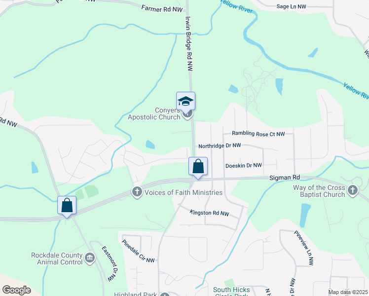 map of restaurants, bars, coffee shops, grocery stores, and more near 2072 Wildflower Way Northwest in Conyers