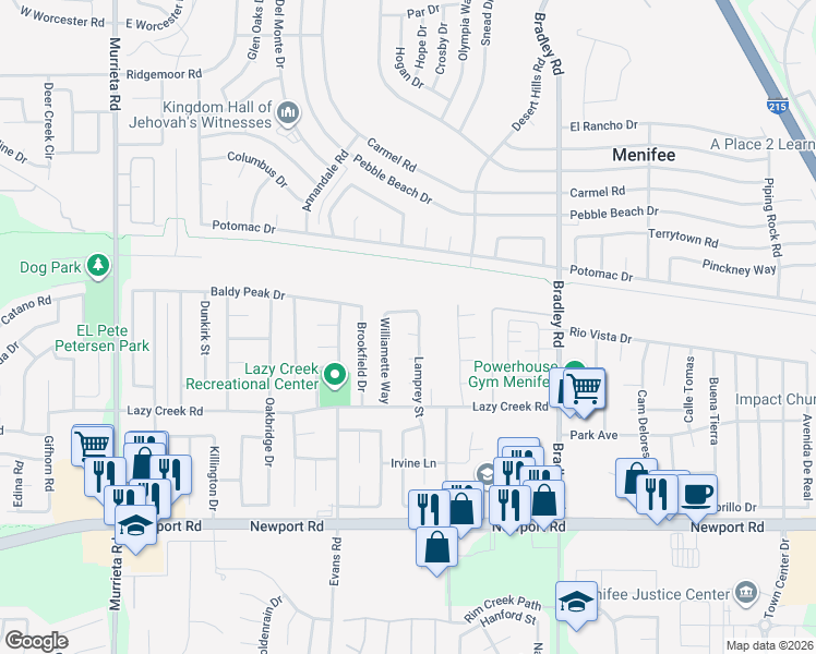 map of restaurants, bars, coffee shops, grocery stores, and more near 26672 Mark Twain Court in Menifee