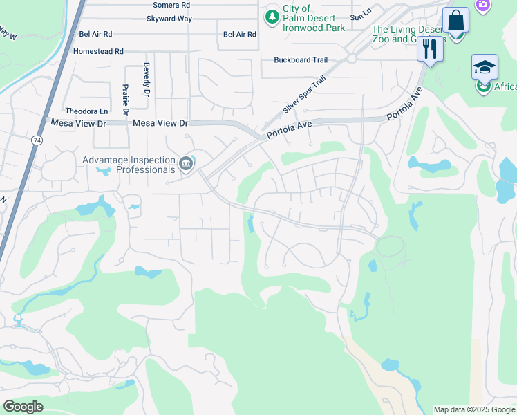 map of restaurants, bars, coffee shops, grocery stores, and more near 73735 Irontree Drive in Palm Desert