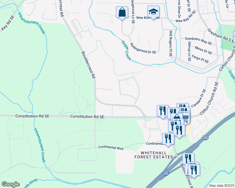 map of restaurants, bars, coffee shops, grocery stores, and more near 1766 Cherry Valley Circle Southeast in Atlanta