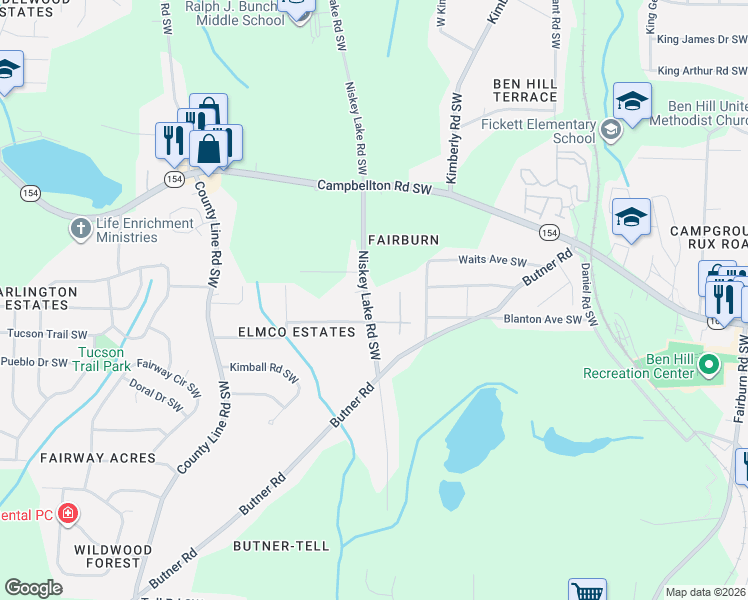 map of restaurants, bars, coffee shops, grocery stores, and more near 2315 Niskey Lake Road Southwest in Atlanta