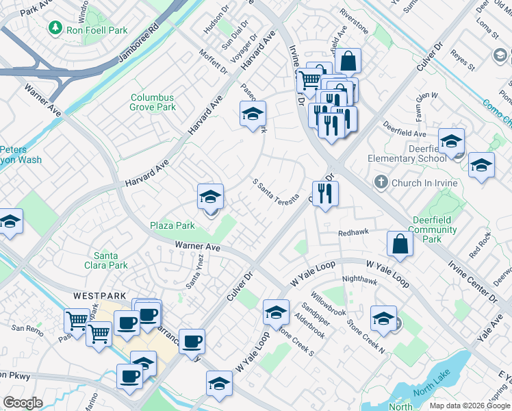map of restaurants, bars, coffee shops, grocery stores, and more near 36 Del Ventura in Irvine