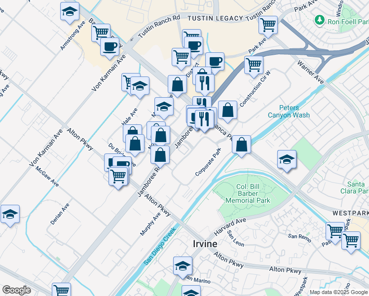 map of restaurants, bars, coffee shops, grocery stores, and more near 2 Corporate Park in Irvine