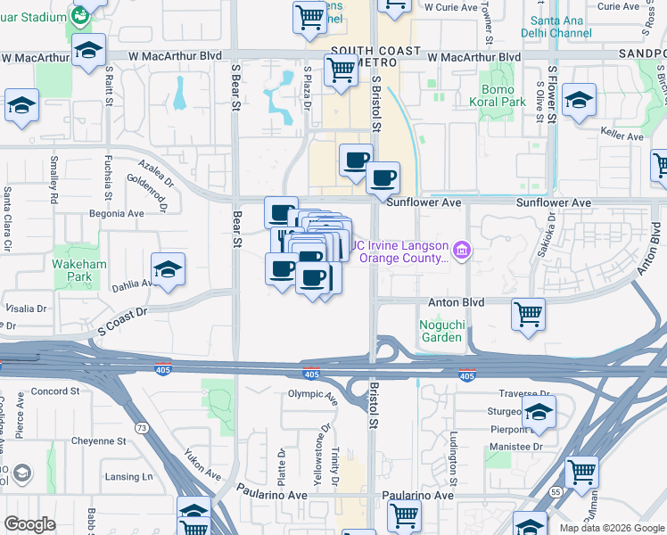 map of restaurants, bars, coffee shops, grocery stores, and more near 3333 Bristol Street in Costa Mesa