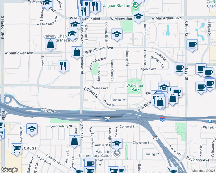 map of restaurants, bars, coffee shops, grocery stores, and more near 1126 Salinas Avenue in Costa Mesa