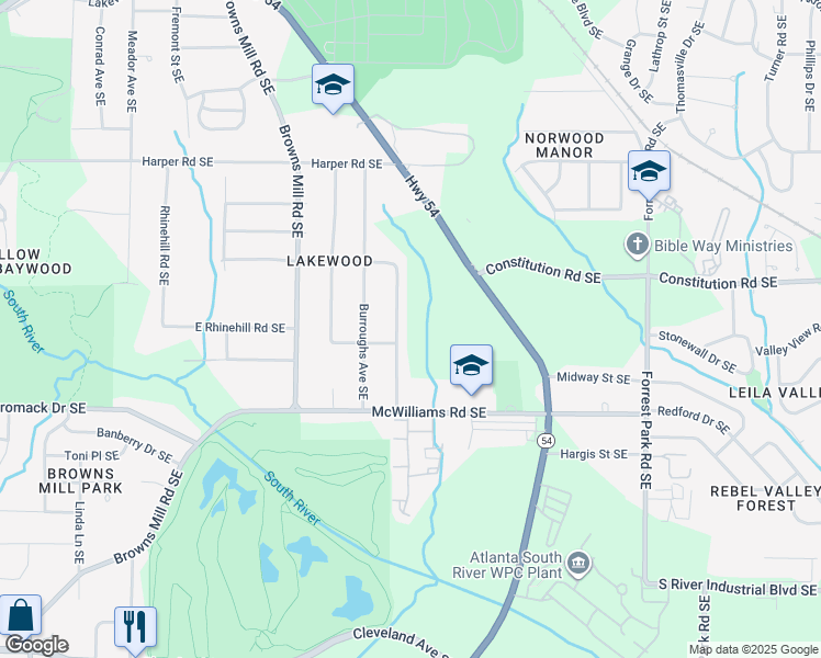 map of restaurants, bars, coffee shops, grocery stores, and more near 2292 Carey Drive Southeast in Atlanta
